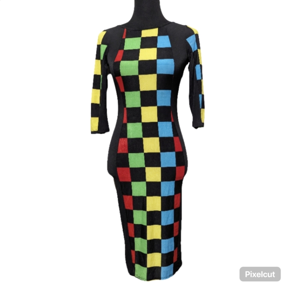 Fashion Love Colorful Checkered Disco Body Con Women's Dress